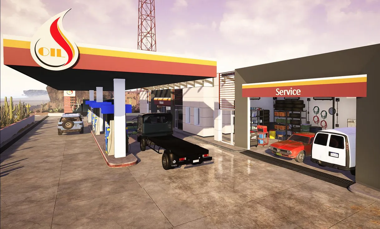 Captura Gas Station Simulator – Zona De Servicios Con Autos Estacionados Y Area De Reparacion