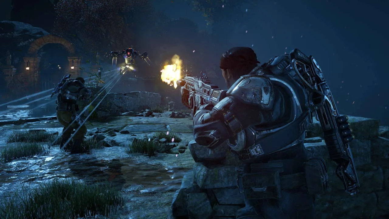 Captura Gears Of War 4 Combate Nocturno Con Fuego Cruzado Y Armadura Brillante