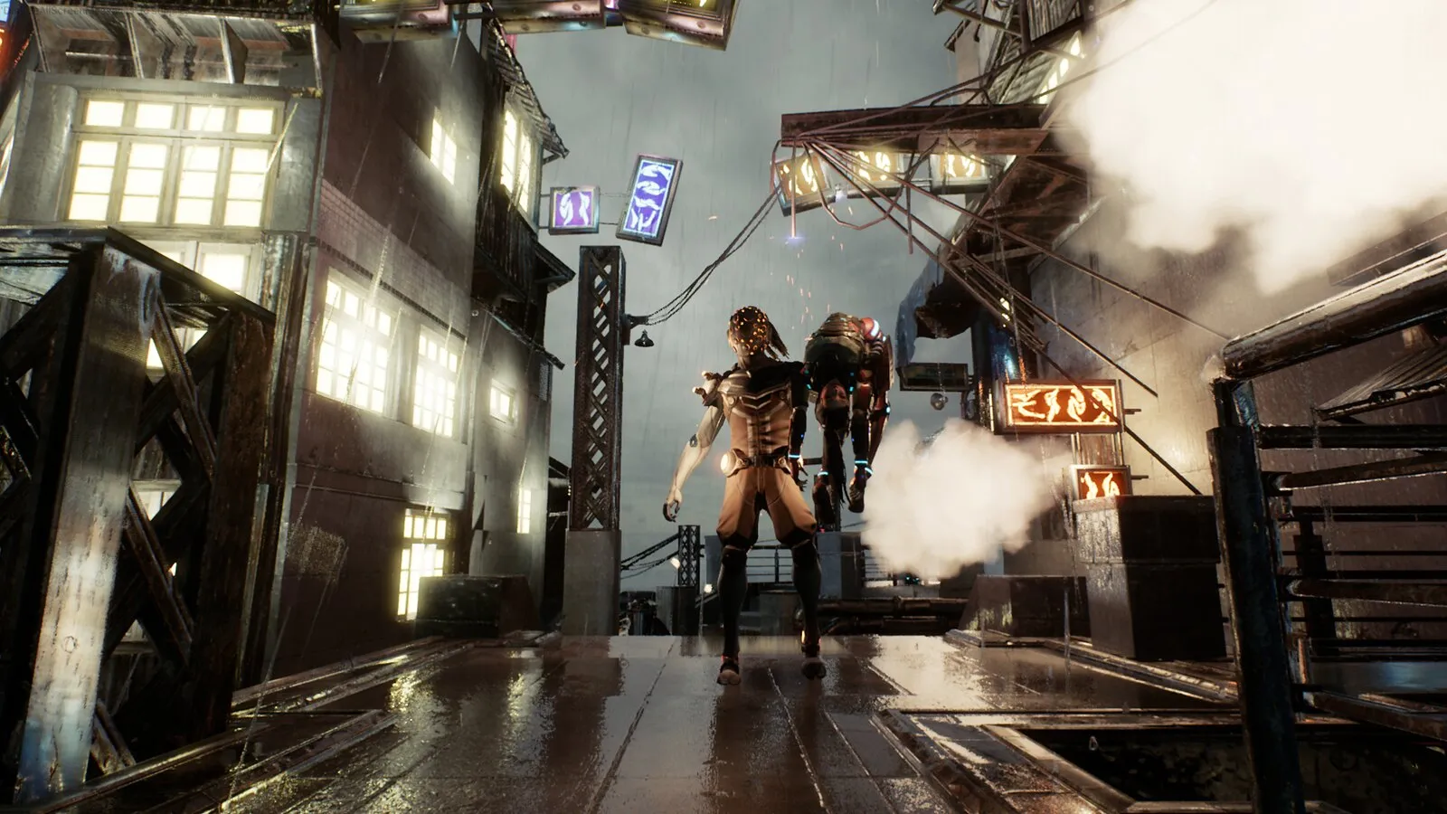 Captura Gene Rain Un Guerrero Armado Camina Por Un Puente Entre Edificios Futuristas