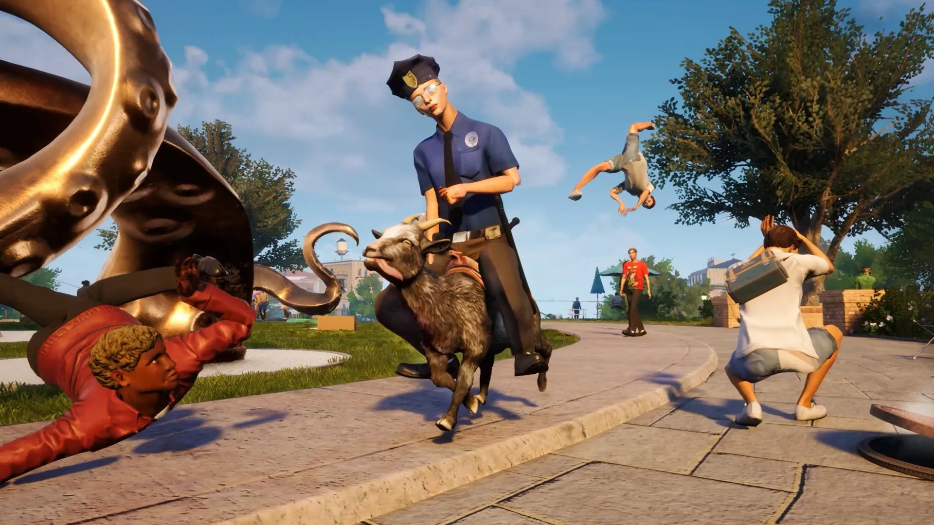 Captura Goat Simulator 3 Cabra Embiste A Humanos Frente A Una Estructura Gigante