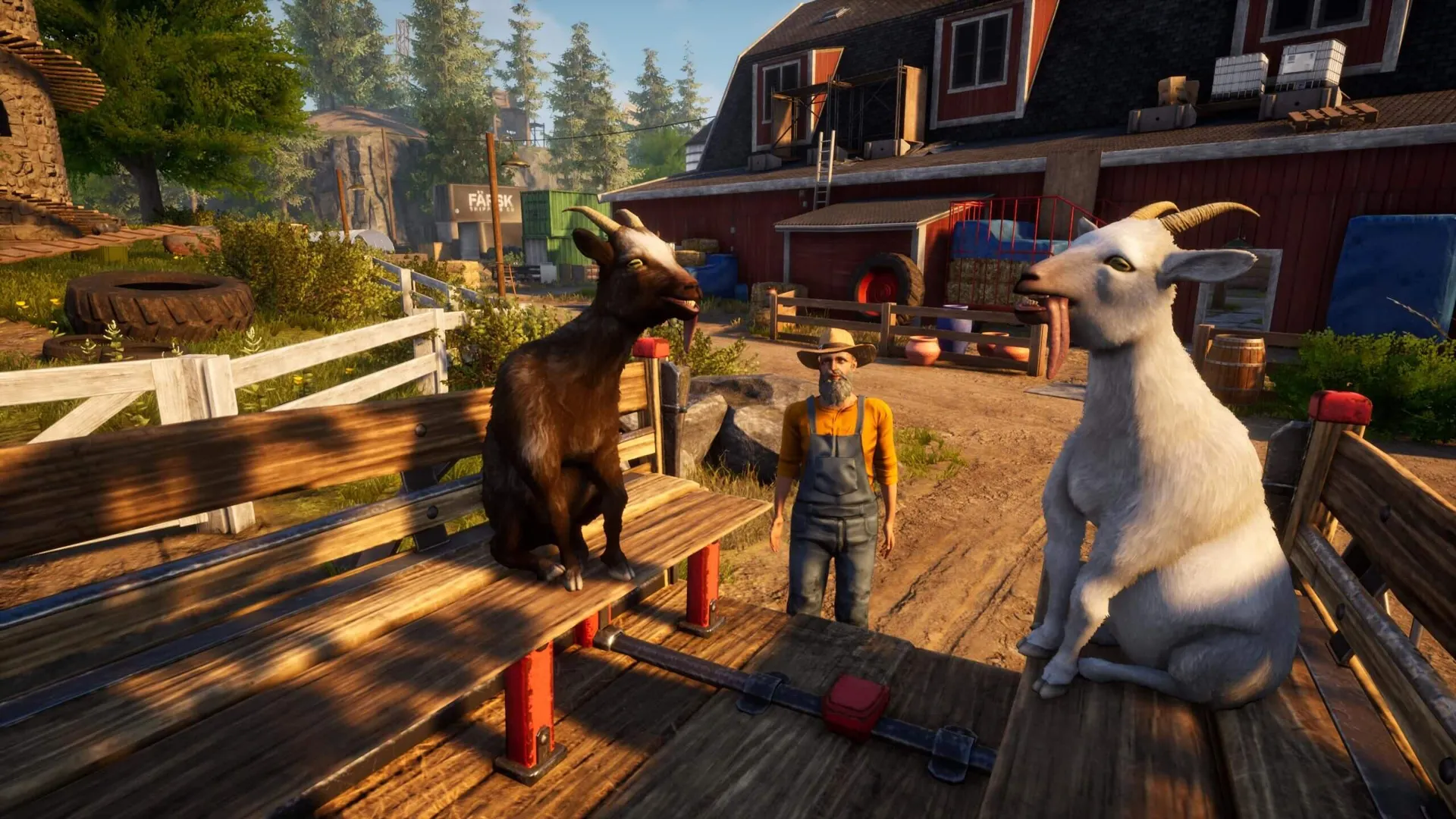 Captura Goat Simulator 3 Dos Cabras Conversan Con Personas Sentadas Al Aire Libre