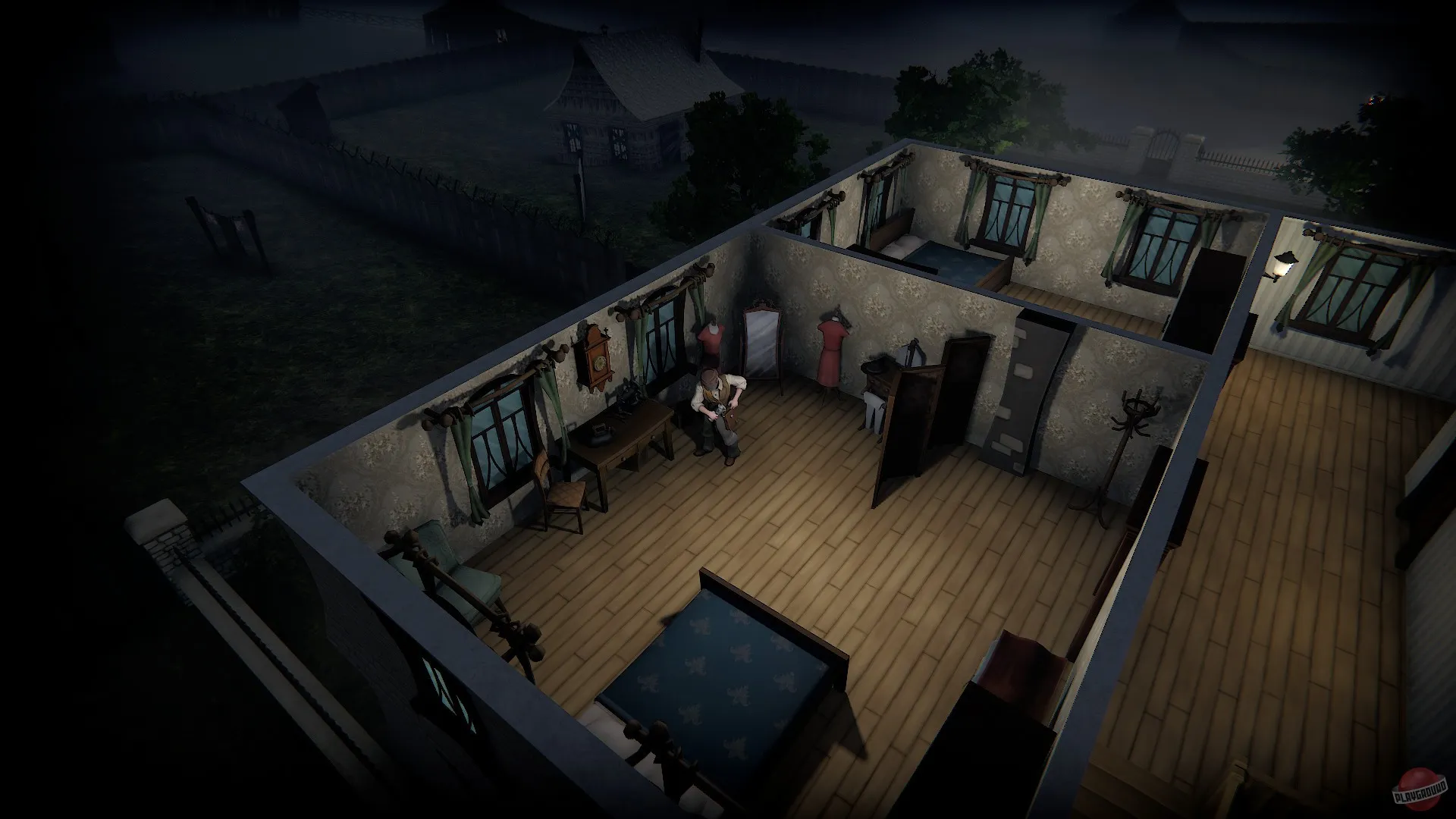 Captura Gone Rogue Vista De Una Sala Iluminada Donde Un Personaje Examina Un Escritorio En Medio De La Noche
