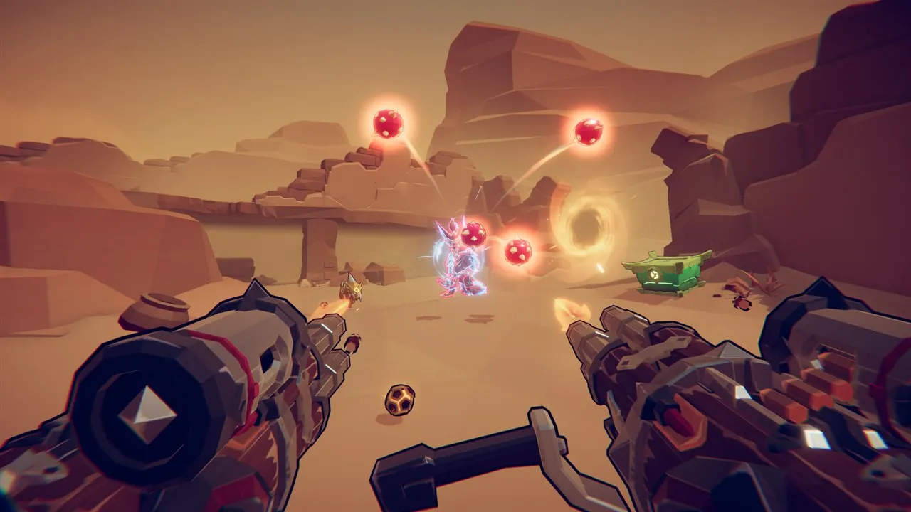 Captura Gunfire Reborn – Desierto Con Enemigos Volando Y Proyectiles De Energia En El Aire