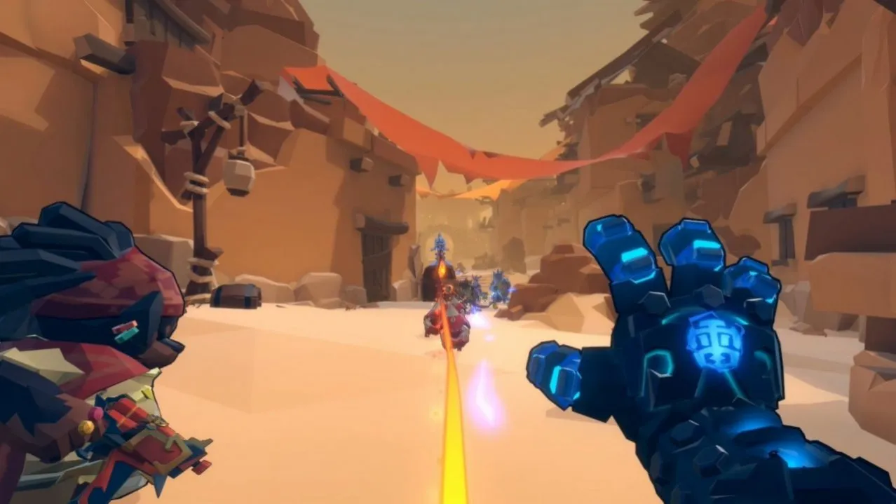 Captura Gunfire Reborn – Vista Del Jugador Disparando Rayos Desde Un Guante Futurista
