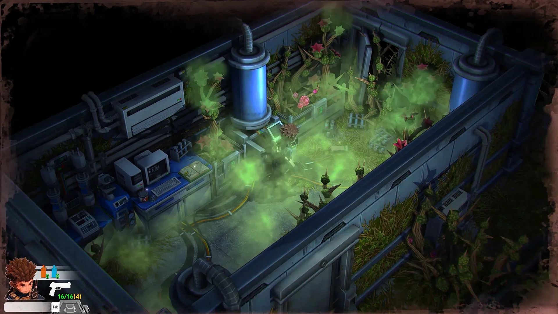 Captura Heaven Dust II – Laboratorio Oscuro Iluminado Por Luces Verdes Con Un Tubo Central
