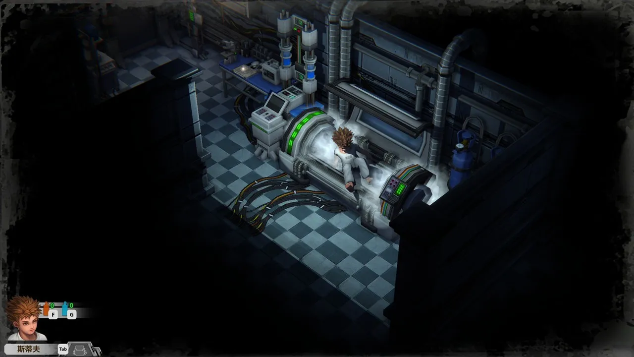 Captura Heaven Dust II – Sala Oscura Con Una Capsula Medica Iluminada En El Centro