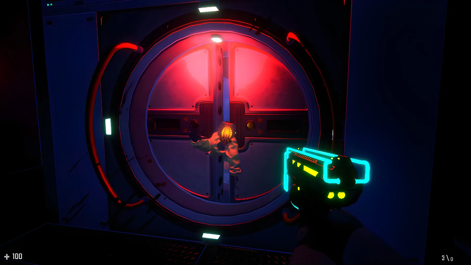 Captura Helldivers II – Apuntando Desde Una Compuerta Circular Con Luces Rojas En Un Pasillo Oscuro
