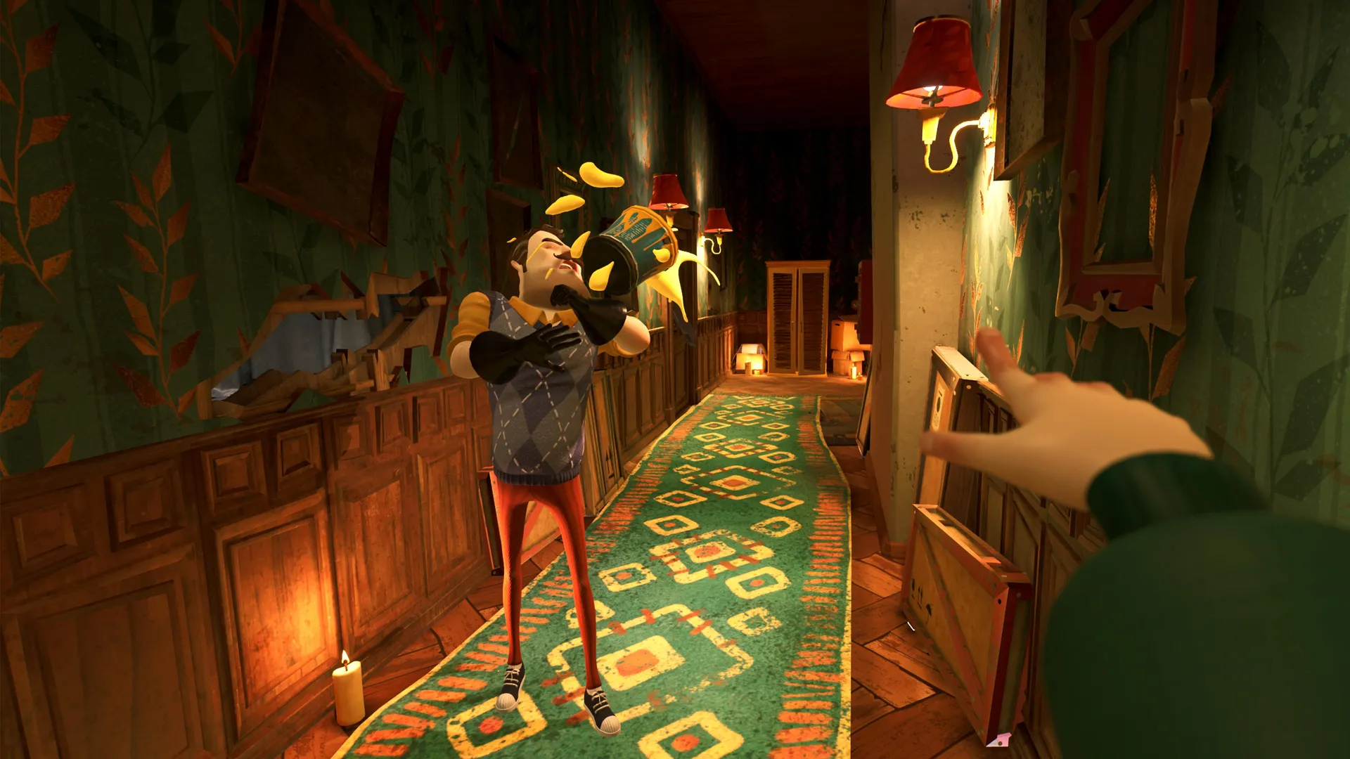 Captura Hello Neighbor 2 Deluxe Edition Pasillo Iluminado Donde El Vecino Persigue Al Jugador