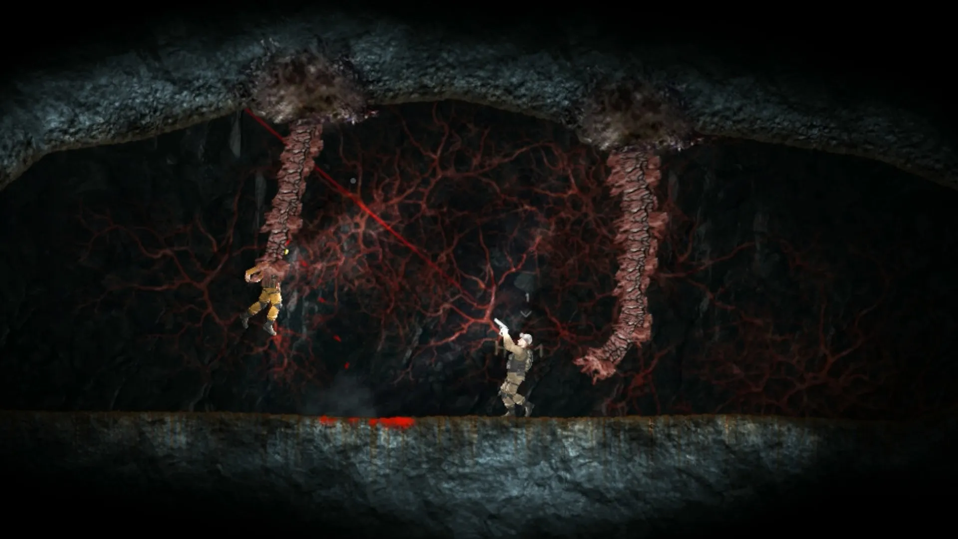 Captura Hidden Deep – Caverna Oscura Con Enemigos Colgando En Un Entorno Rojo