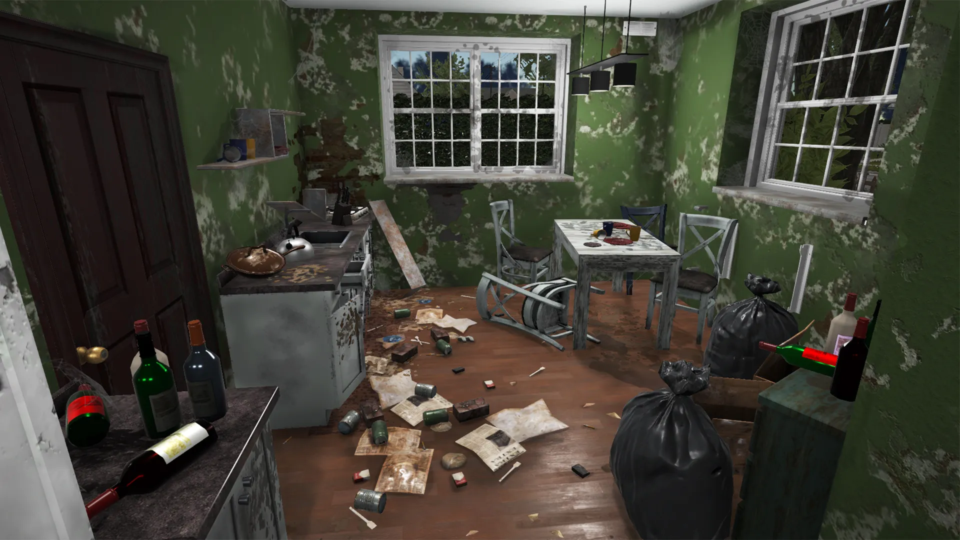 Captura House Flipper – Cocina Desordenada Con Basura En El Suelo