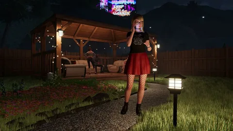 Captura House Party Patio Nocturno Con Joven Vestida De Rojo Junto A Un Sofa Iluminado