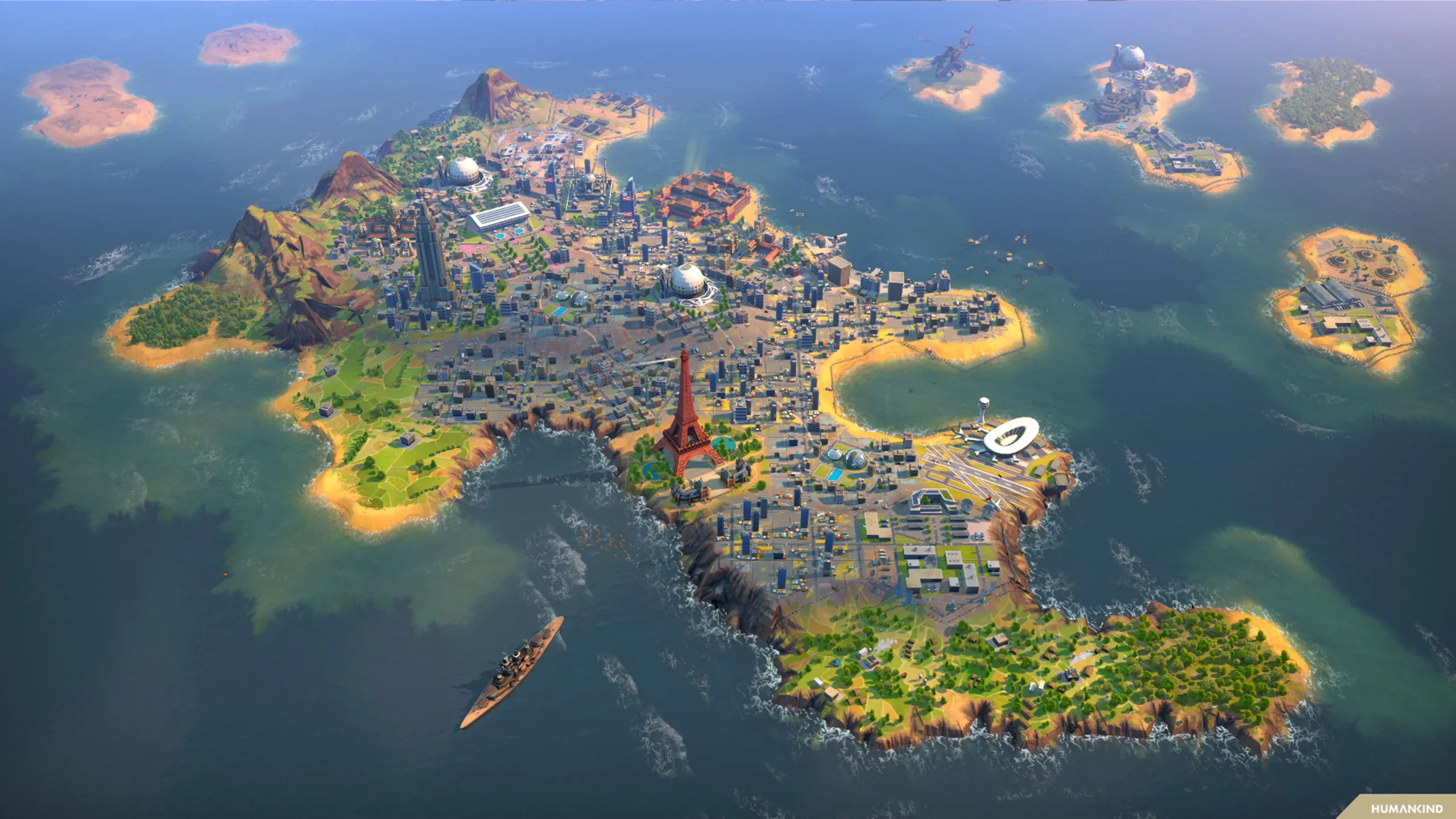 Captura Humankind – Vista Aerea De Una Ciudad Rodeada De Pequenas Islas