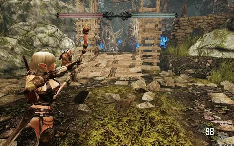Captura Hunted The Demons Forge La Protagonista Explora Una Aldea Con Estructuras De Piedra Y Arboles