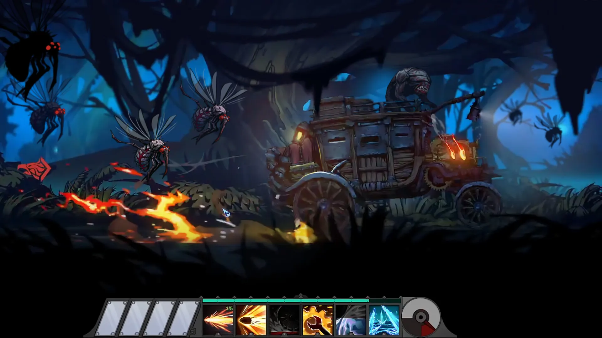 Captura Immortal Hunters – Entorno Oscuro Con Hechizos Y Enemigos Cerca De Una Carreta