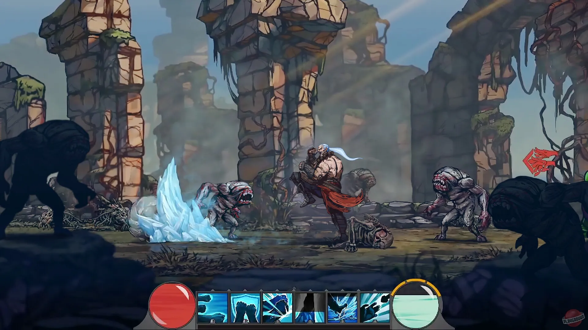 Captura Immortal Hunters – Escena Lateral De Combate Con Personajes En Una Ruina Con Poderes Activos