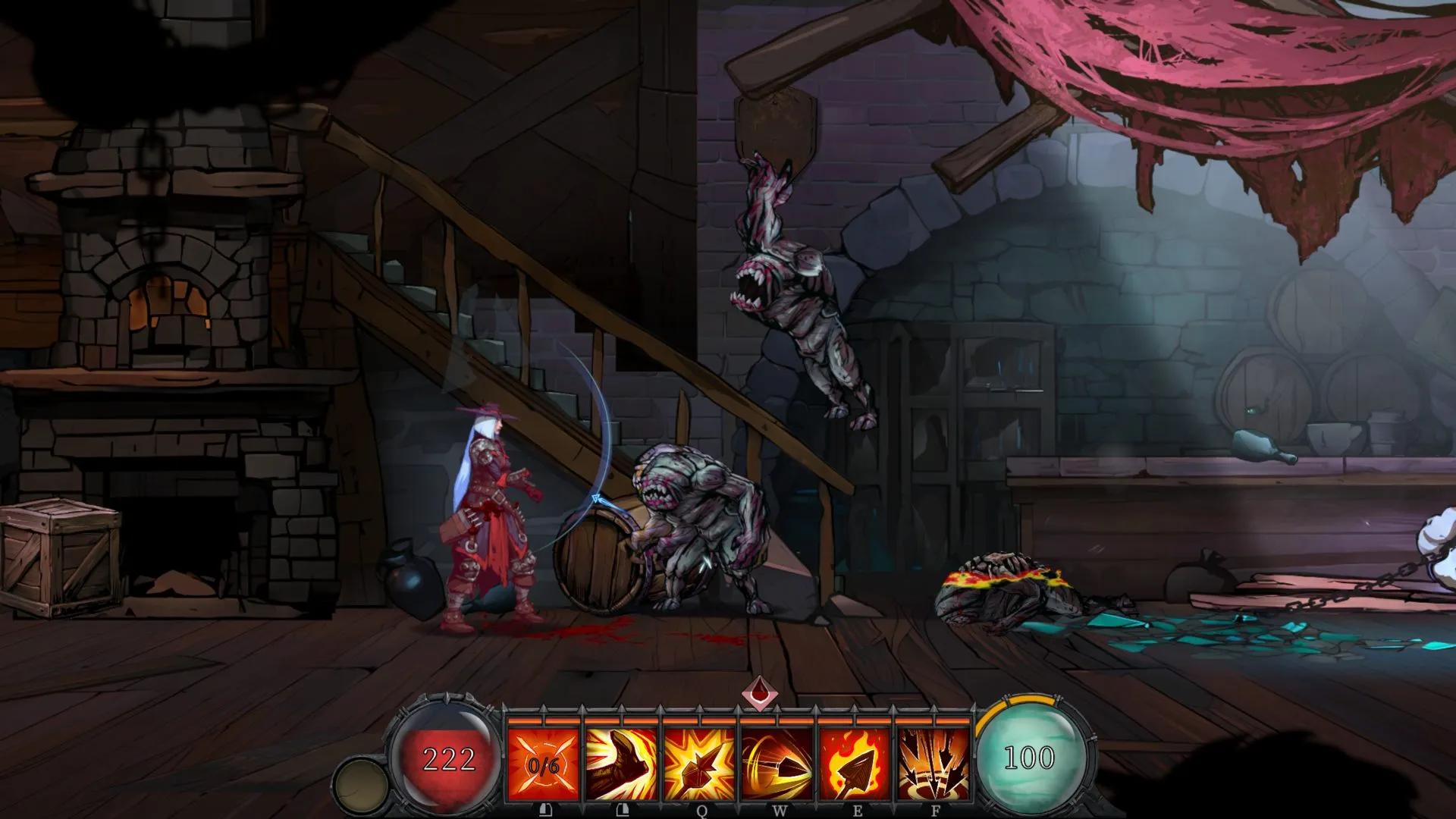 Captura Immortal Hunters – Interior De Una Cabana Con Interfaz De Combate Y Enemigos Visibles