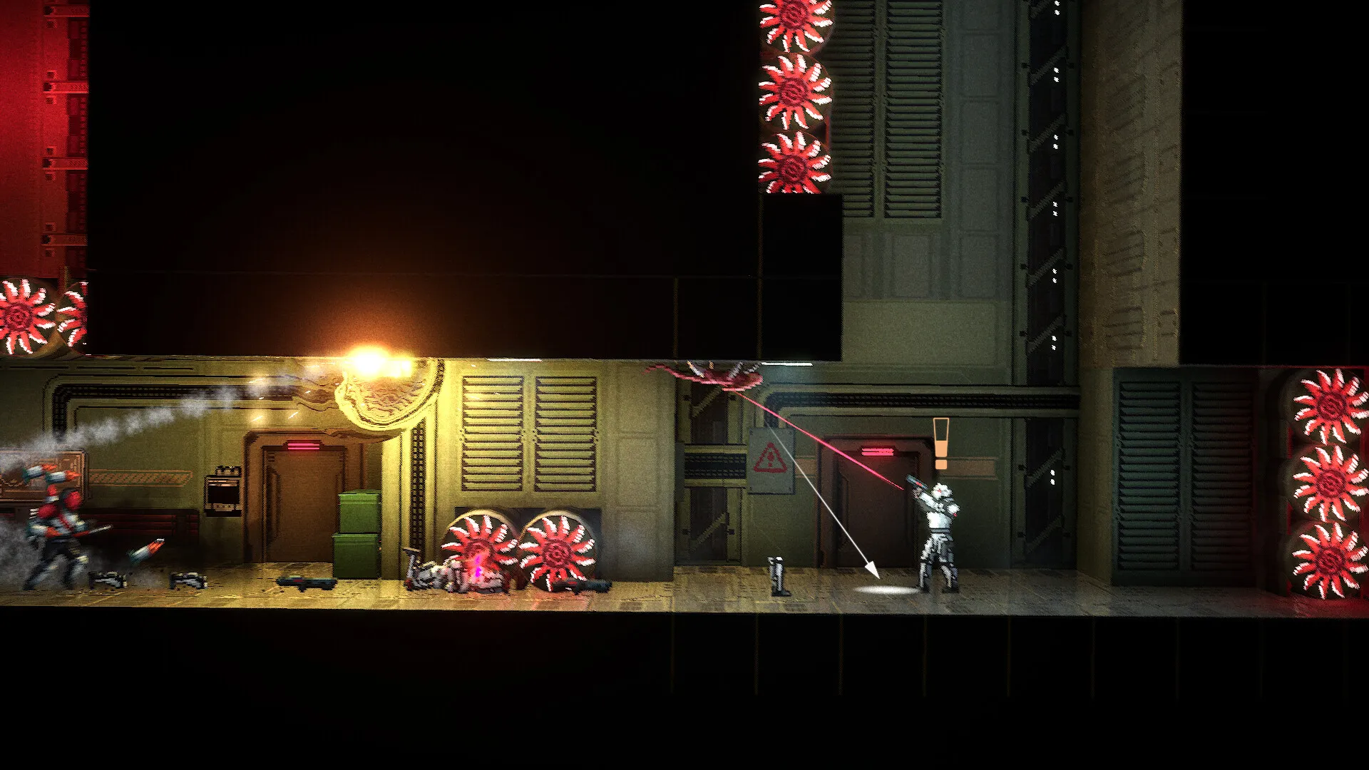 Captura Ion Shift – Escena Lateral En Pasillos Metalicos Con Trampas Y Rayos Rojos