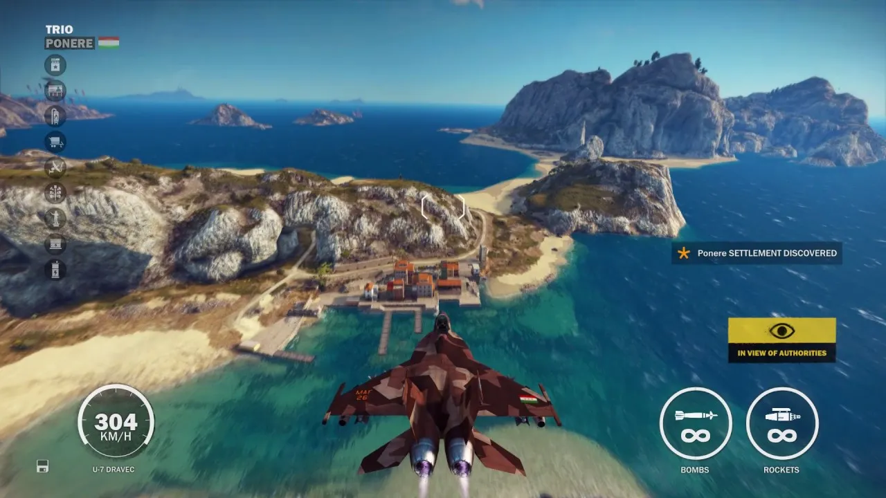 Captura Just Cause 3 – Avion Sobrevuela Una Costa Con Interfaz Visible Y Mapa De Fondo