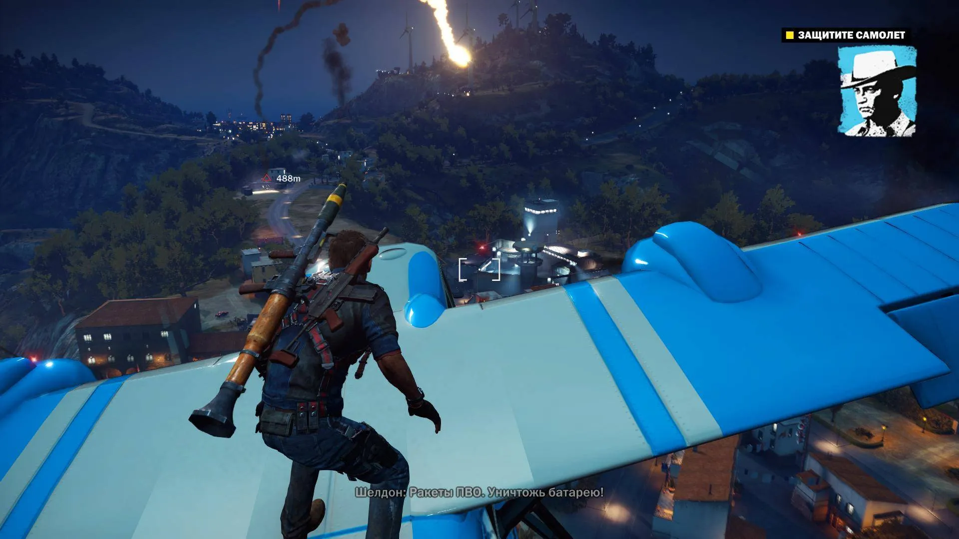 Captura Just Cause 3 – Escena De Accion Desde Una Avioneta Azul Disparando Misiles