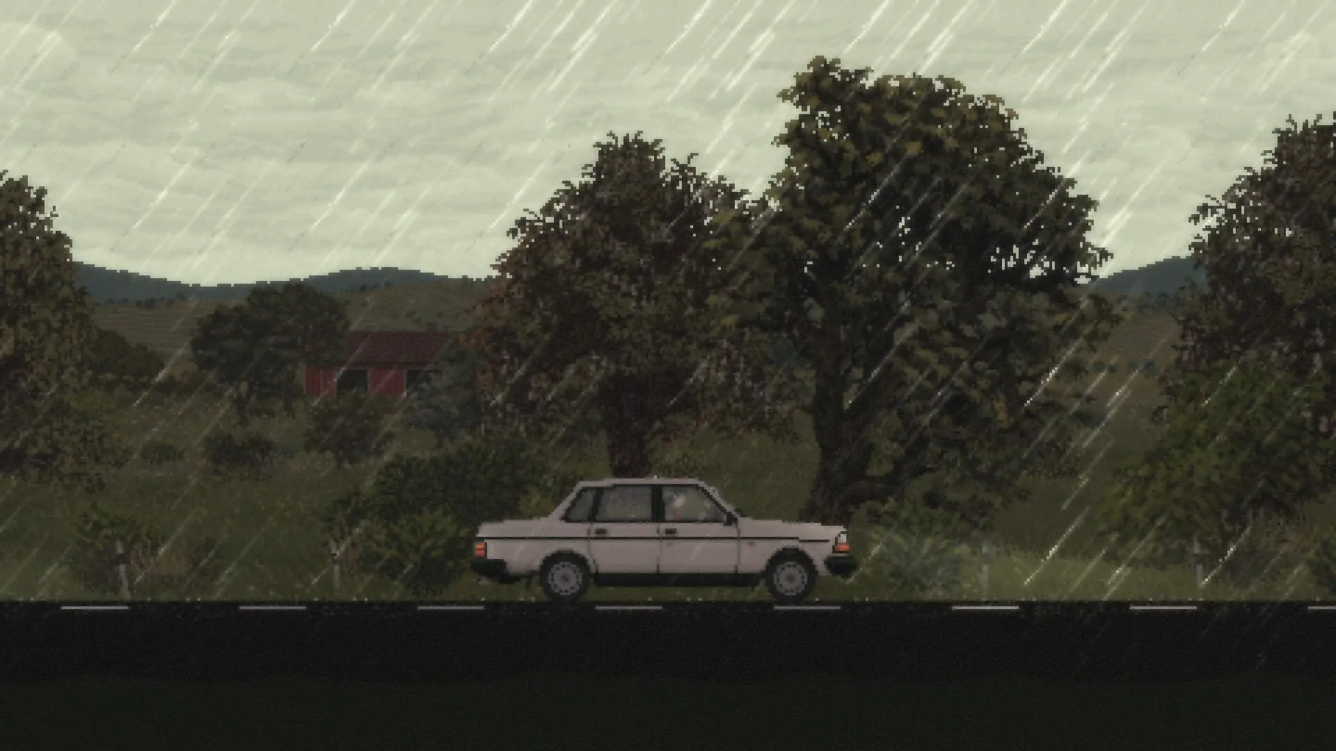Captura Keep Driving – Auto Cruzando Por Carretera En Plena Lluvia Con Arboles De Fondo