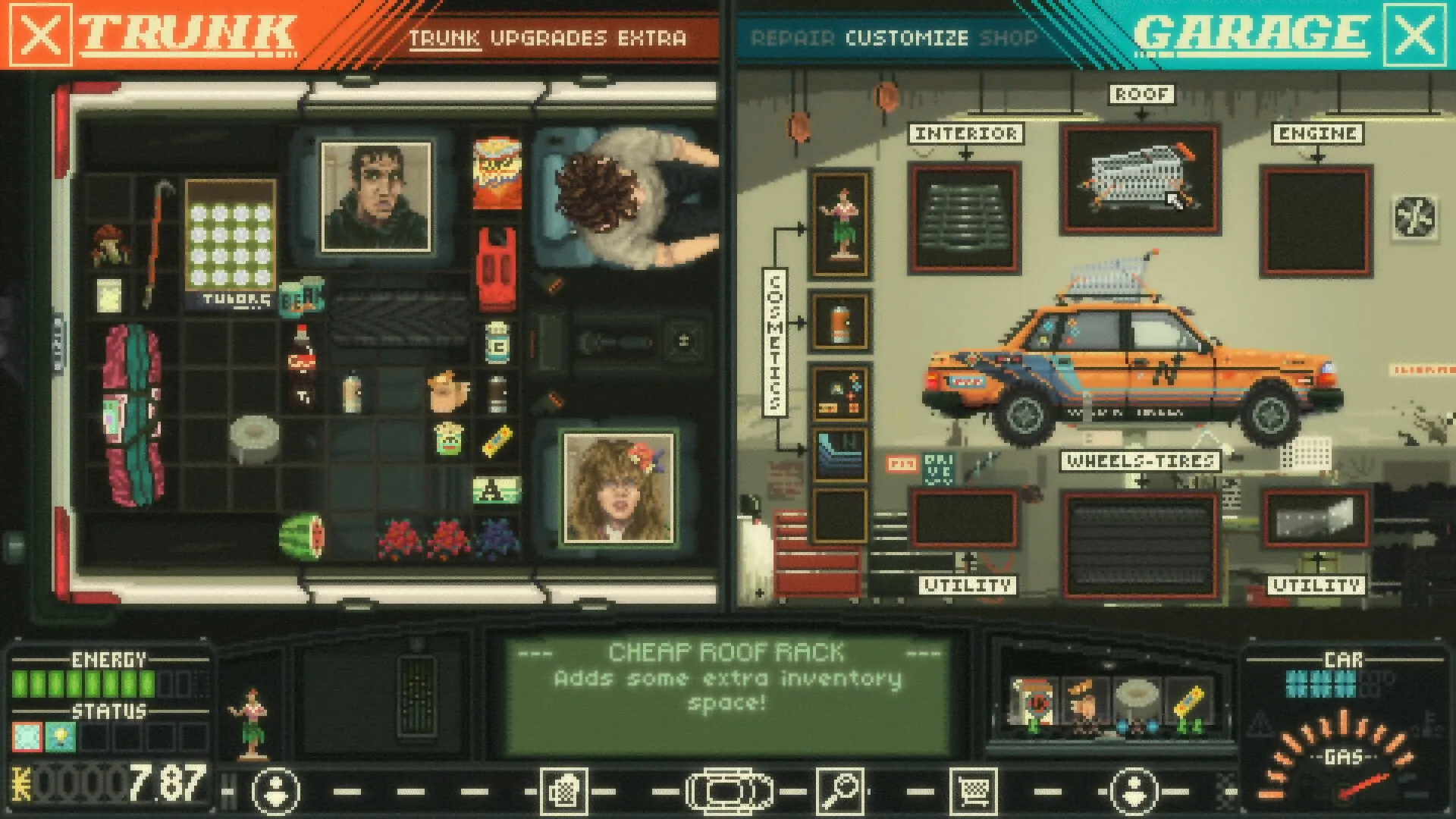 Captura Keep Driving – Menu Detallado Del Taller Mostrando Partes Del Coche Y Ajustes Disponibles