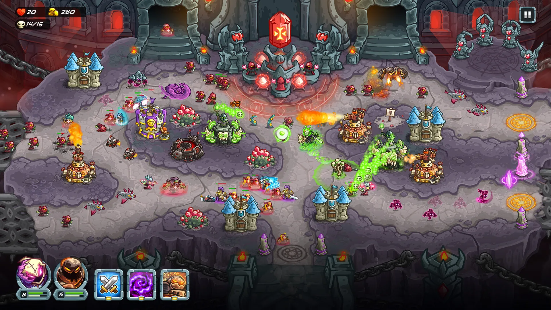 Captura Kingdom Rush 5 Alliance Escenario Oscuro Con Multiples Enemigos Y Unidades En Combate