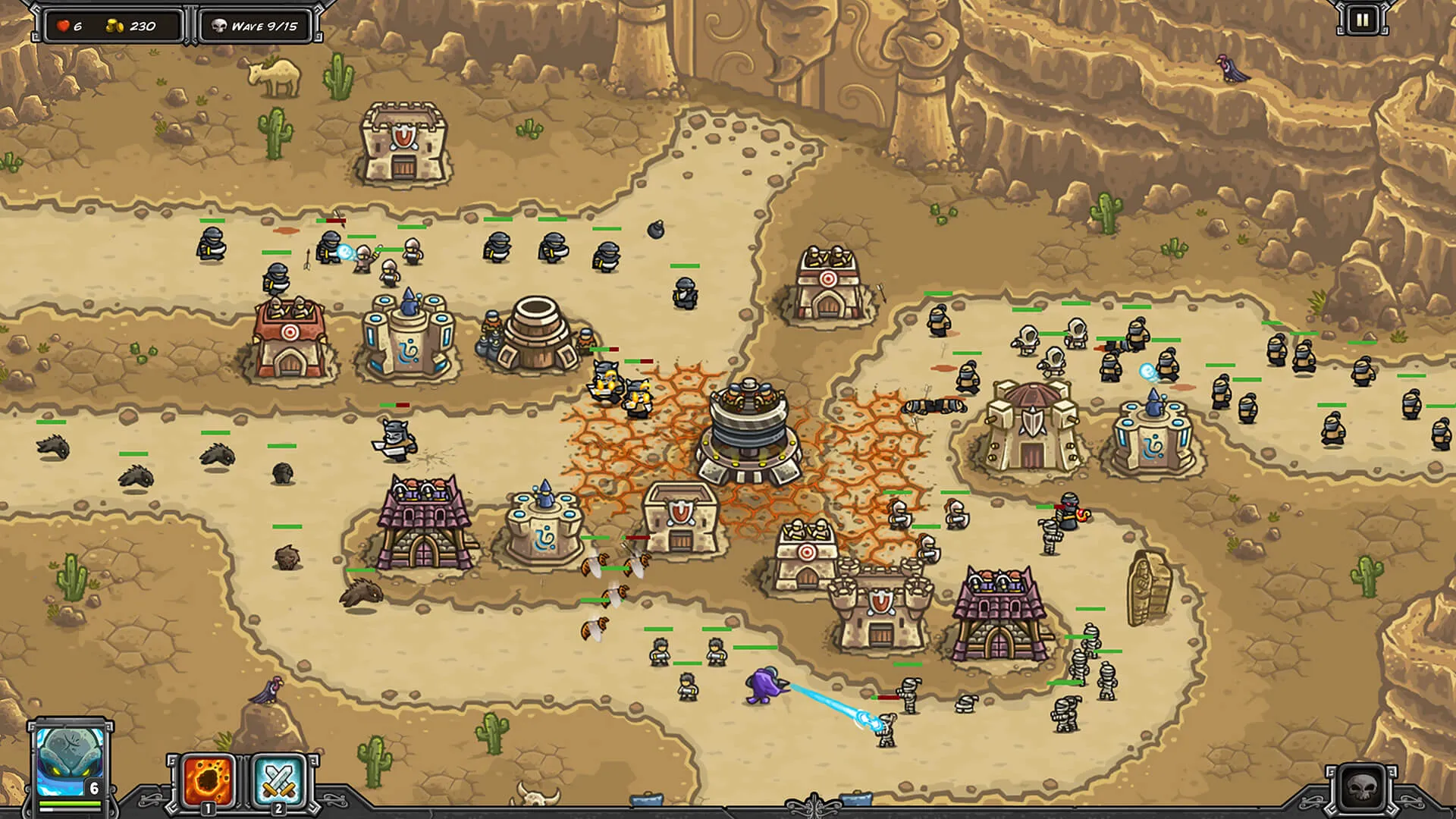 Captura Kingdom Rush Origins – Mapa Desertico Con Enemigos Avanzando Por Un Camino