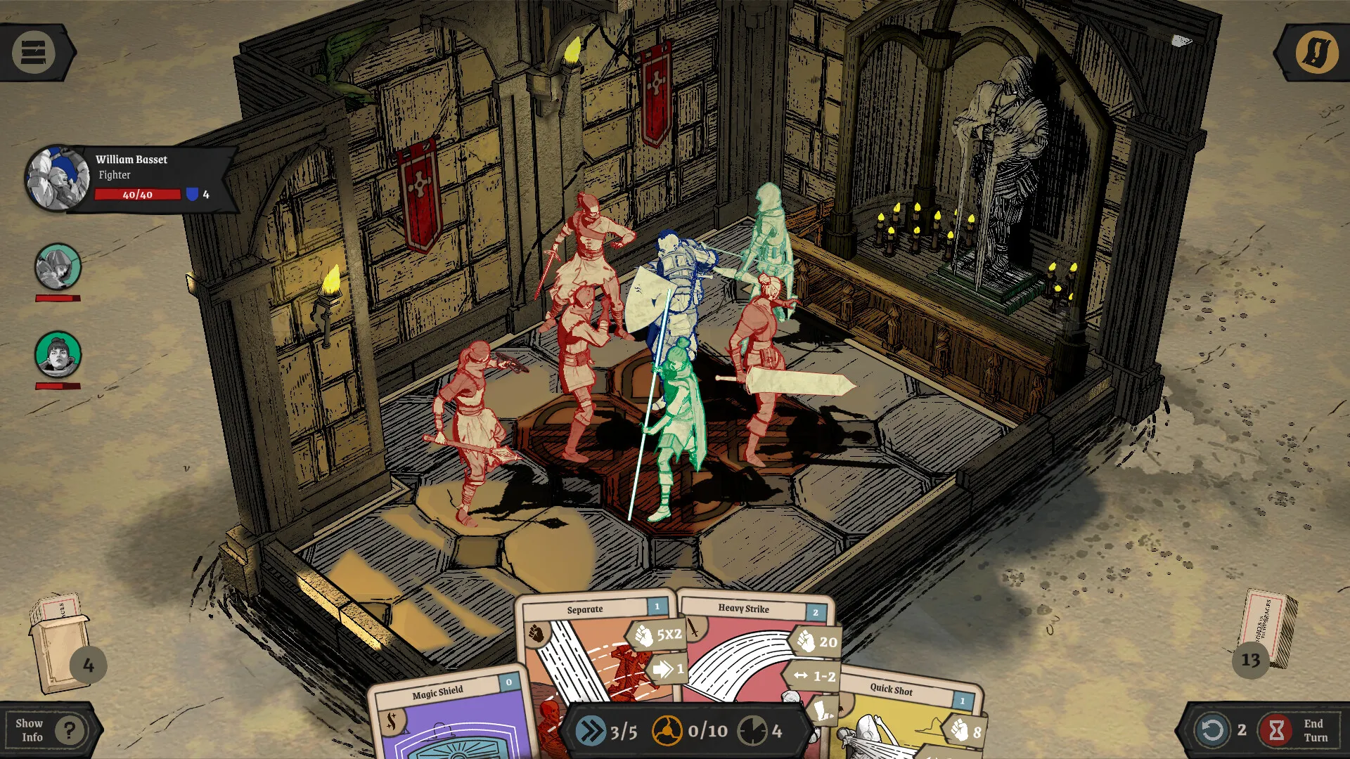 Captura Knights In Tight Spaces – Escena Con Enemigos Fantasmas Y Fondo Medieval