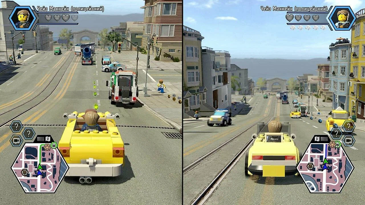 Captura LEGO City Undercover – Jugabilidad En Coche Mostrando Modo Multijugador En Pantalla Dividida