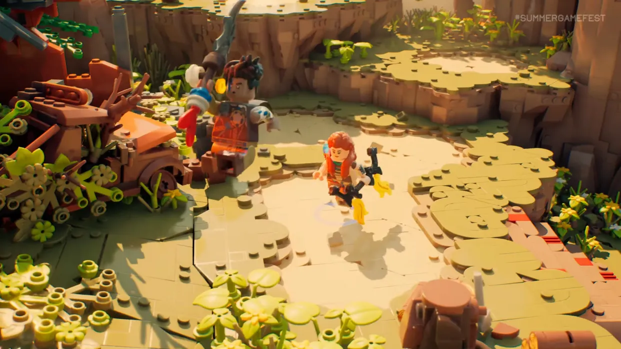 Captura LEGO Horizon Adventures Grupo Avanzando Por Un Entorno Natural Con Vegetacion Frondosa
