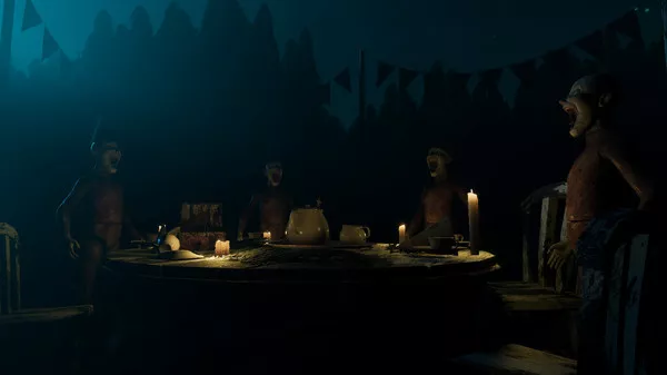 Captura Labyrinthine – Personajes Sentados En Una Cena Rodeados De Penumbra