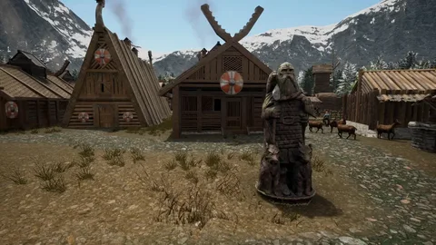 Captura Land Of The Vikings Guerrero Vikingo Frente A Casas Con Paisaje Montanoso