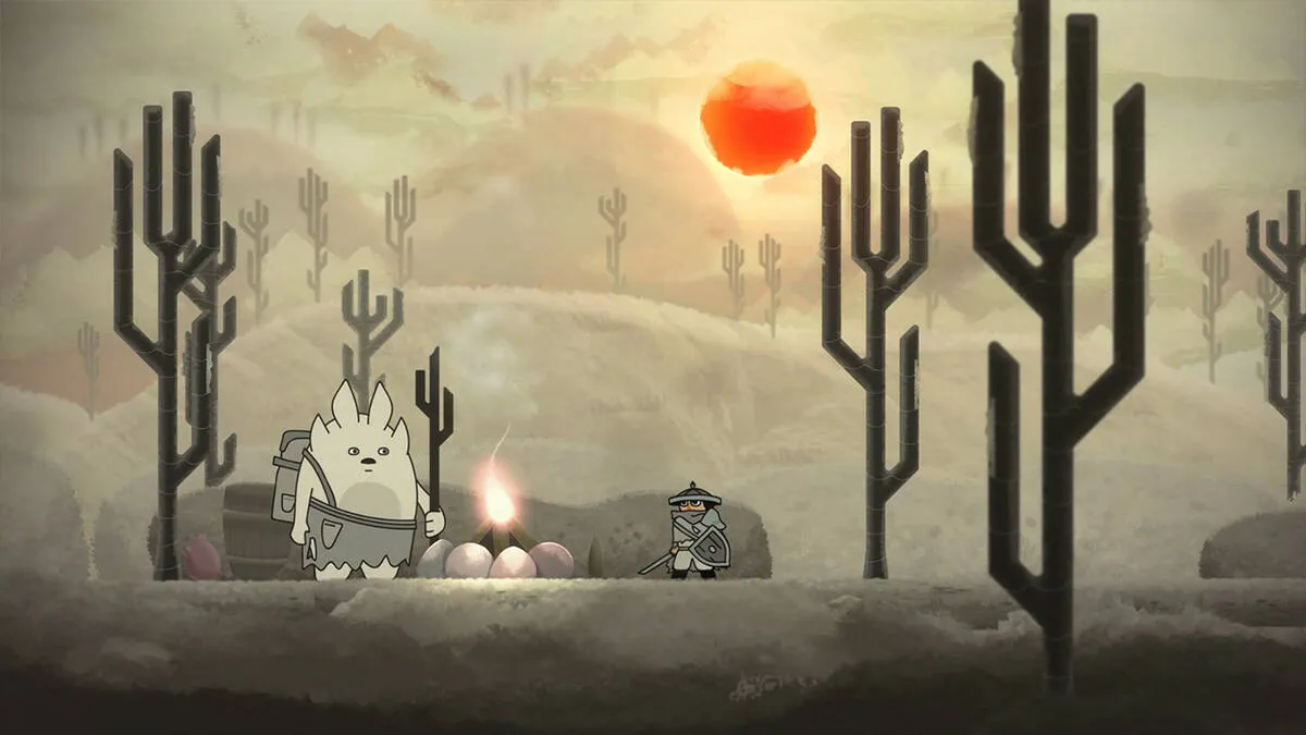 Captura Last Vanguard – Paisaje Desertico Con Cactus Una Fogata Y El Sol Rojo Al Fondo