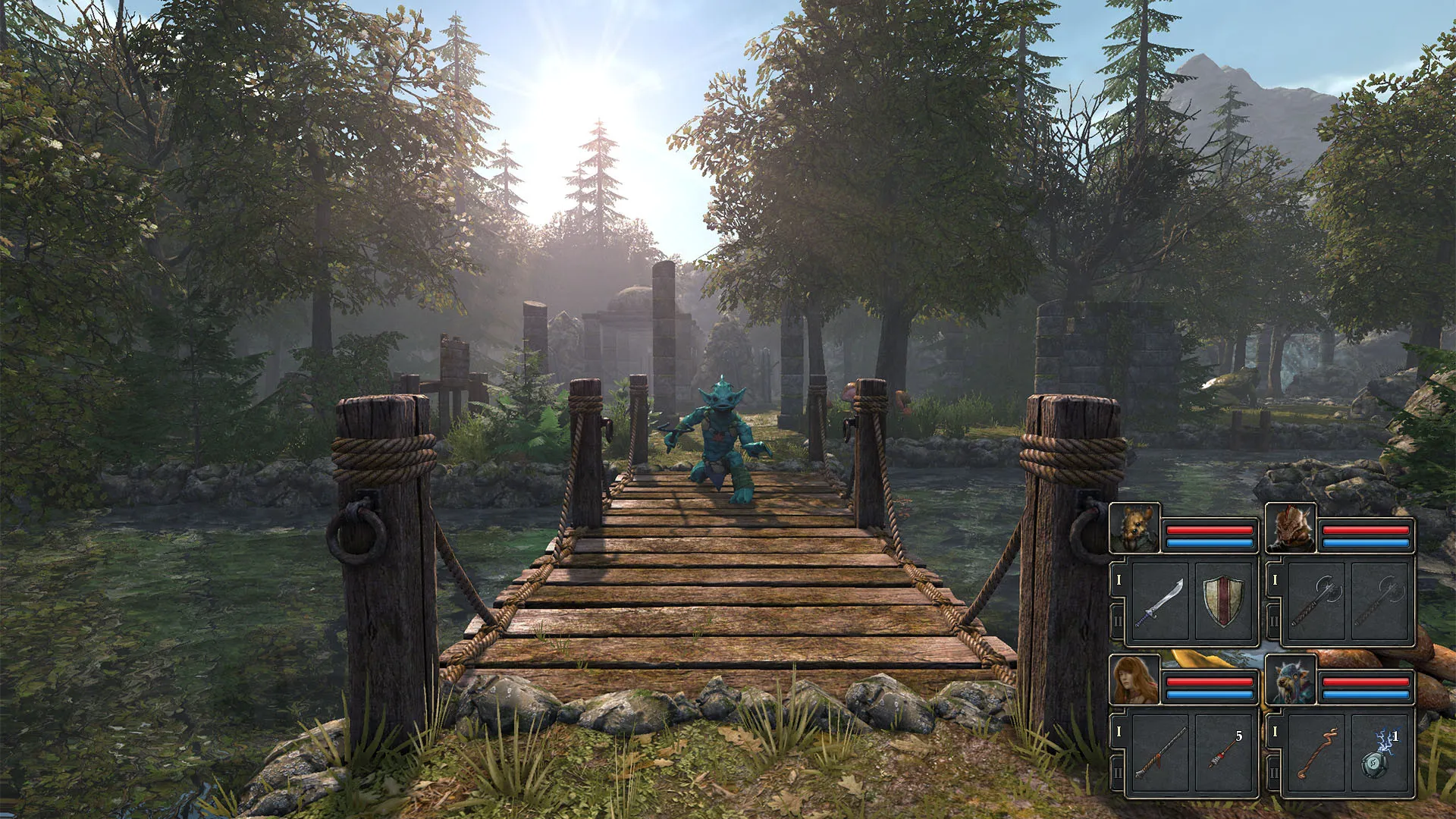 Captura Legend Of Grimrock II – Puente De Madera Entre Arboles Al Atardecer