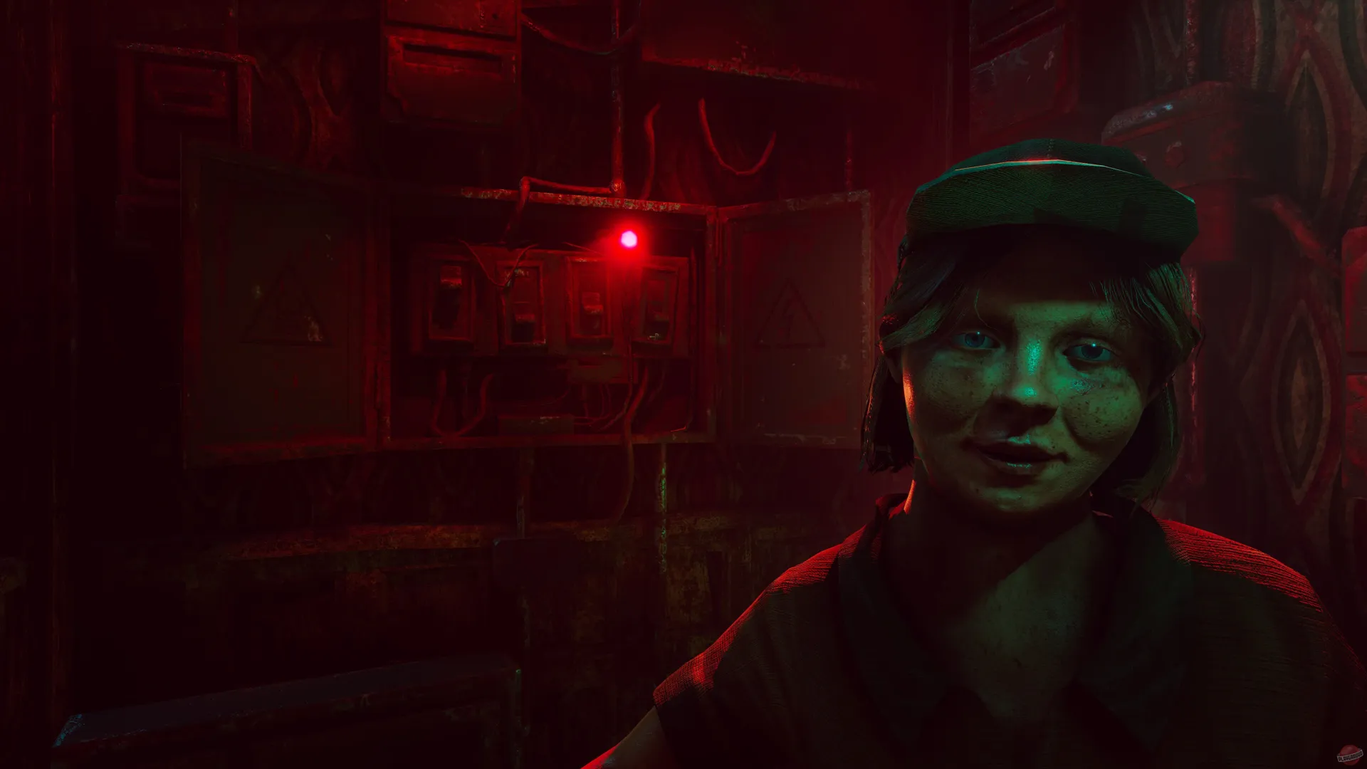Captura Lost Lullabies The Orphanage Chronicles – Mujer Sonriente En Un Cuarto Oscuro Con Grafitis Rojos
