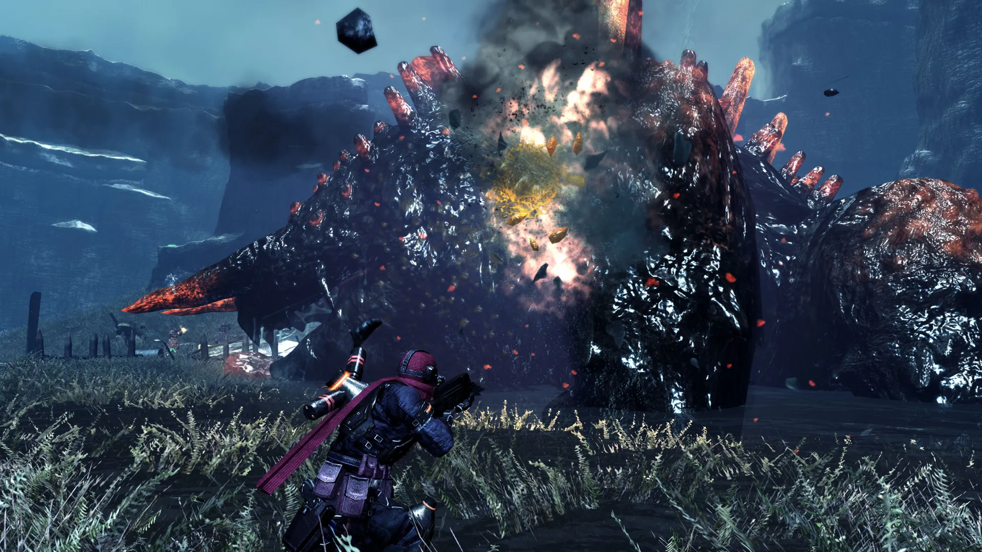 Captura Lost Planet 2 – Combate Contra Un Gusano Enorme En Un Campo Verde
