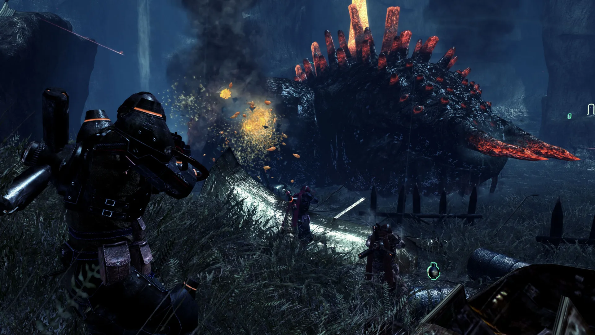 Captura Lost Planet 2 – Disparos Y Explosiones Mientras Un Grupo Enfrenta Una Bestia Gigante
