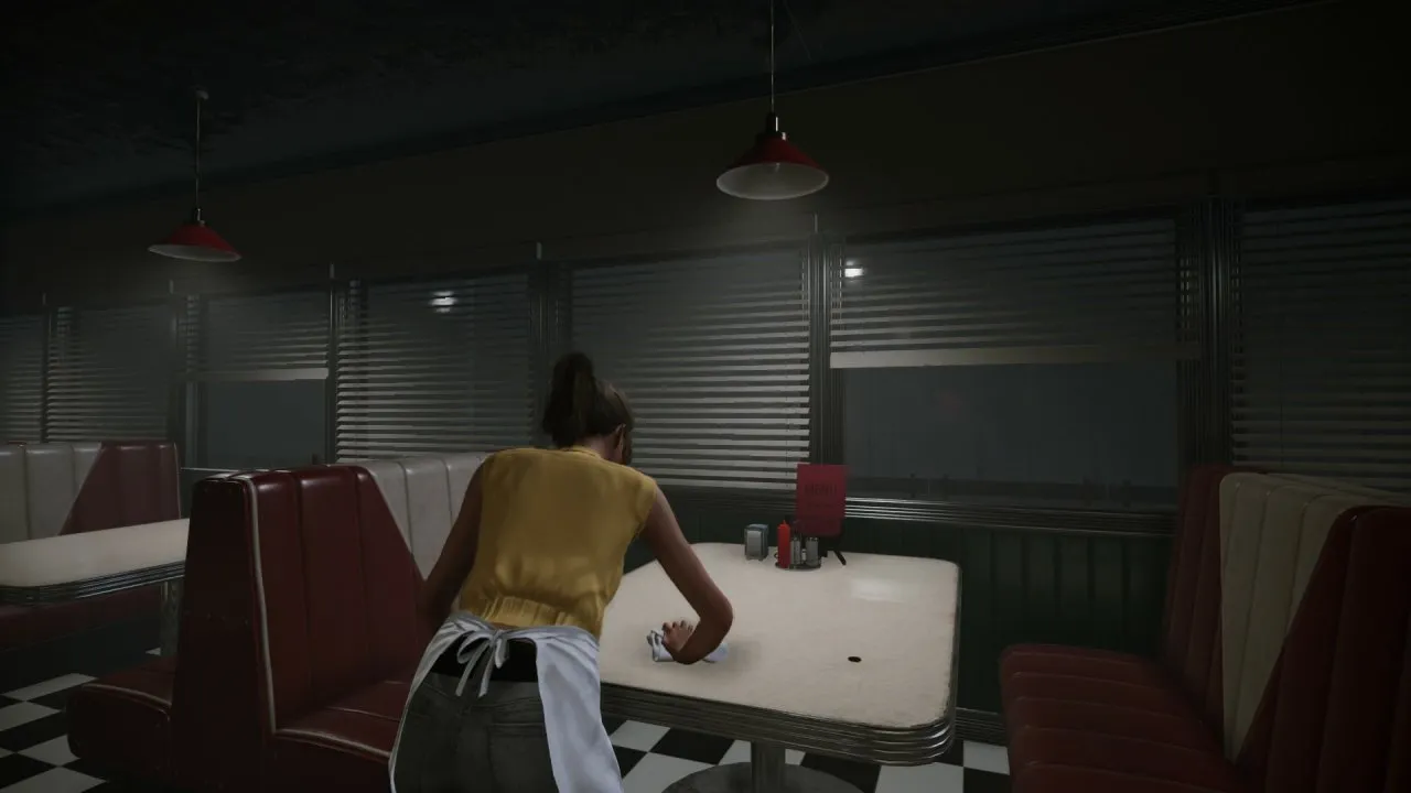 Captura Lurking Personaje Interactua Con Una Cabina Dentro De Un Comedor Lugubre