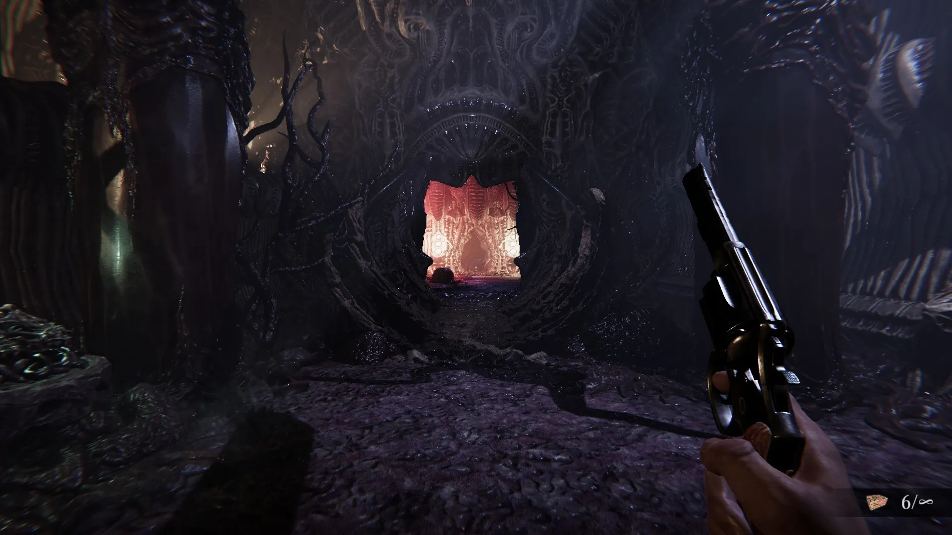 Captura Lust From Beyond – Escenario Oscuro Con Arma En Mano Frente A Una Abertura Roja Brillante