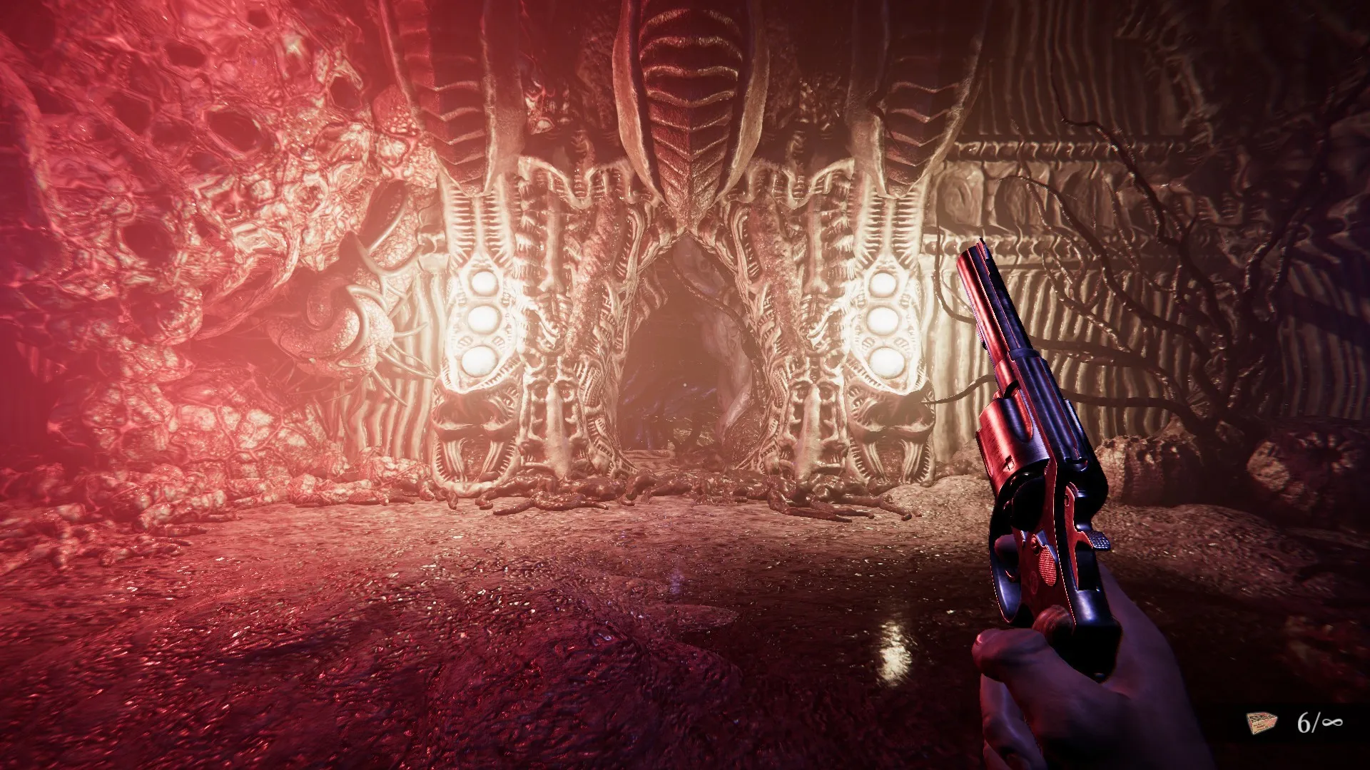 Captura Lust From Beyond – Interior Organico Con Texturas Carnosas Y Ambiente Rojizo