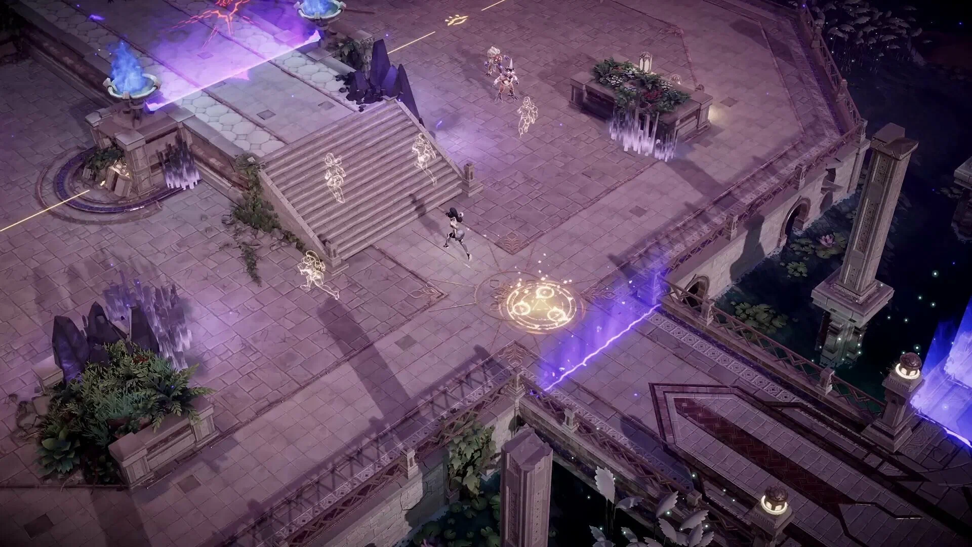Captura Lysfanga The Time Shift Warrior – Zona Elevada Con Estructuras En Ruinas Y Rayos Magicos