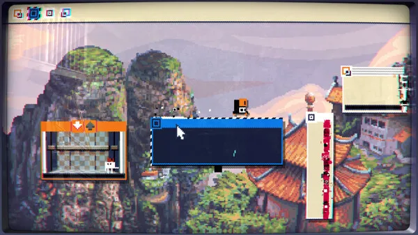 Captura Mainframes – Una Interfaz Grafica Se Superpone A Un Paisaje Montanoso Con Bloques Flotantes