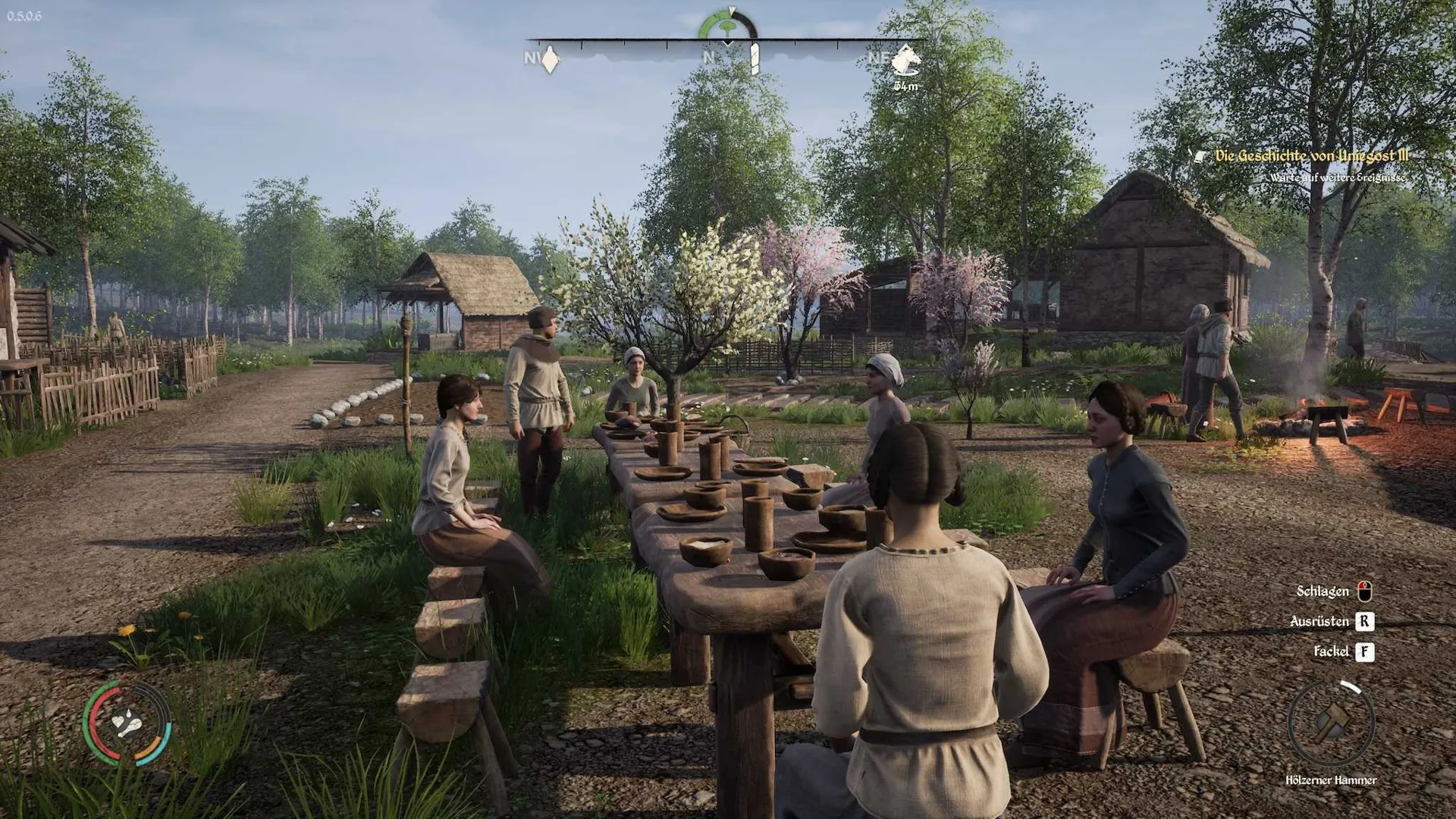 Captura Medieval Dynasty – Grupo De Aldeanos Reunidos En Mesas Rusticas Al Aire Libre