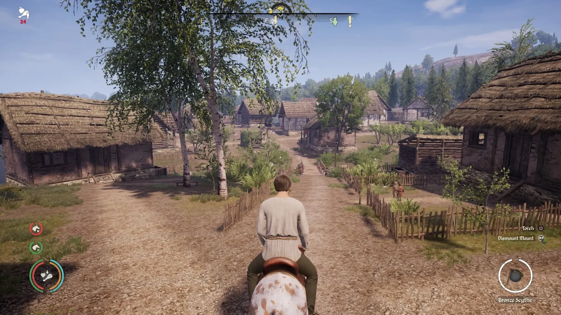 Captura Medieval Dynasty – Jugador Montado A Caballo Recorriendo Un Sendero De Aldea