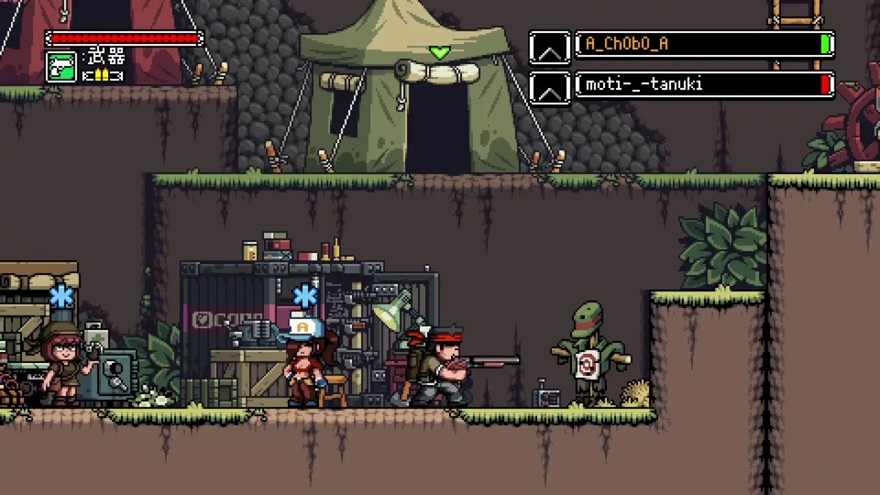 Captura Mercenary Kings Reloaded Edition – Campamento En Ruinas Con Varios Personajes Y Objetos