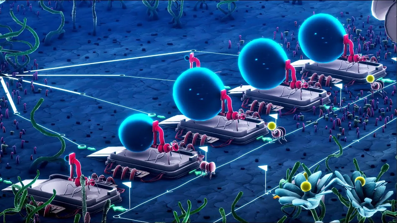 Captura Microtopia Instalaciones Activas Con Esferas Energeticas Y Plantas Luminosas En Fila
