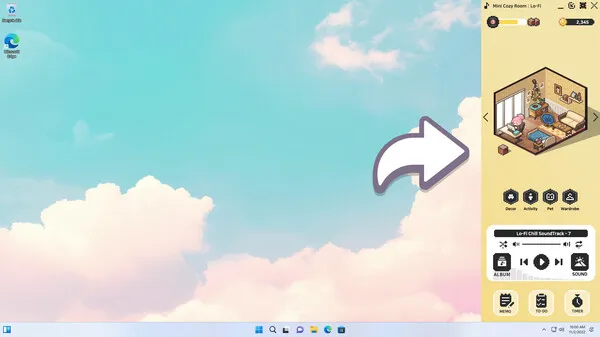 Captura Mini Cozy Room – Captura Del Menu Con Fondo Celeste Y Flecha Que Conecta Con Decoraciones