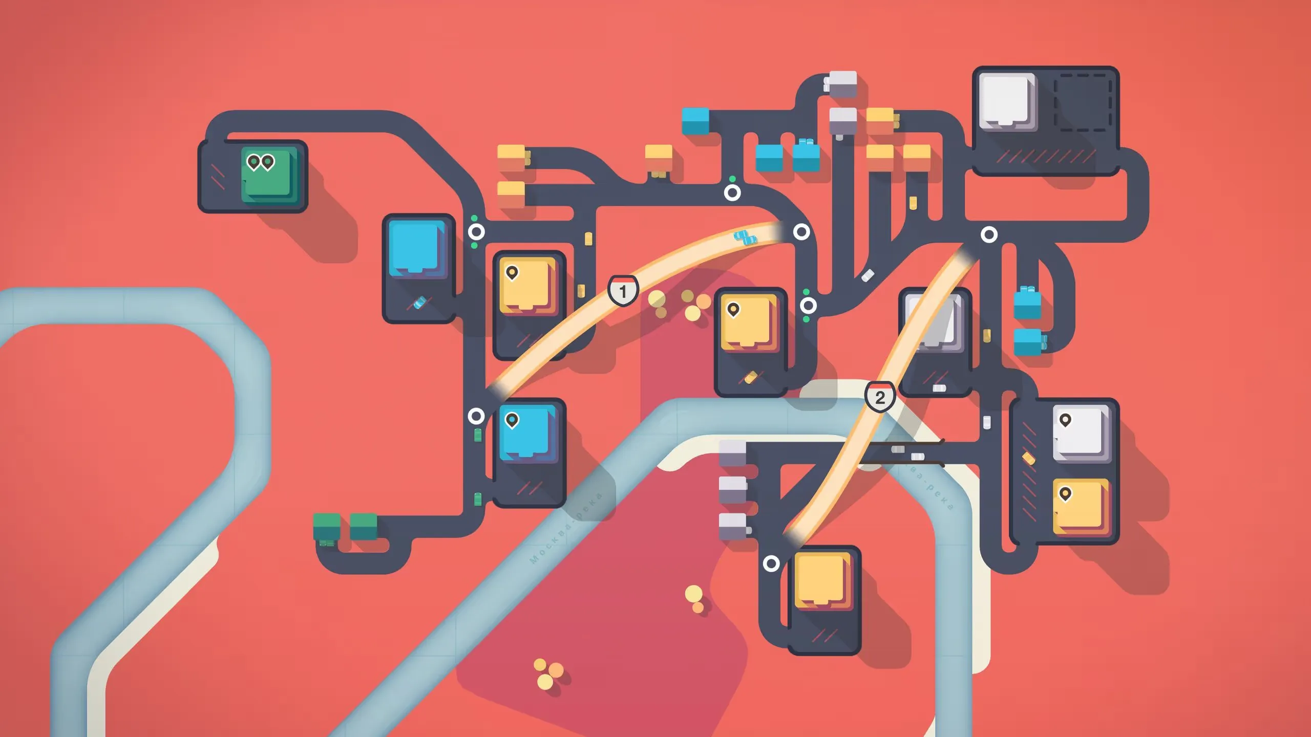 Captura Mini Motorways – Mapa Naranja Con Multiples Conexiones De Calles Y Autos En Movimiento