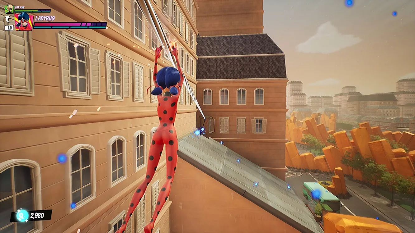 Captura Miraculous Rise Of The Sphinx Paris Under Siege – Personaje Escalando Un Edificio Con Vista Urbana