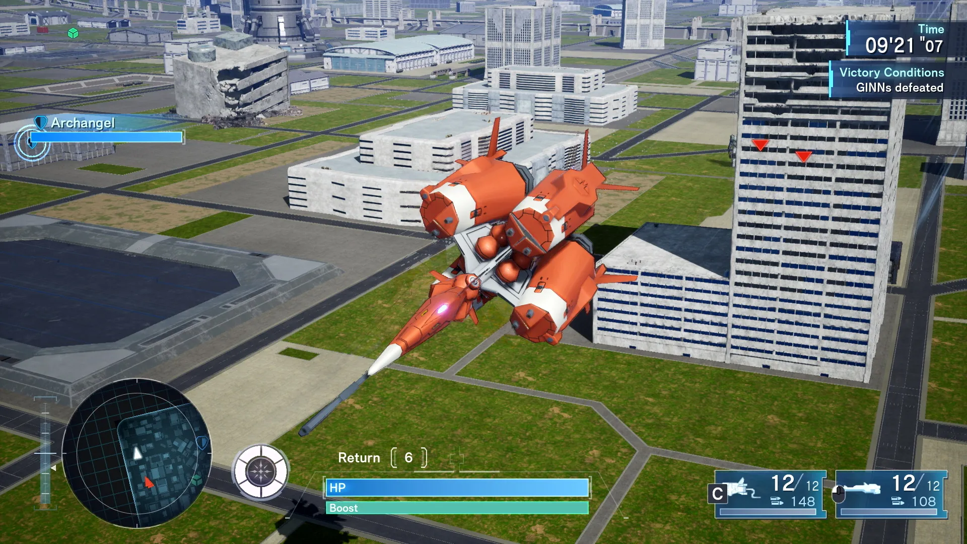 Captura Mobile Suit Gundam SEED Robot Rojo Aterriza En Una Ciudad Con Rascacielos
